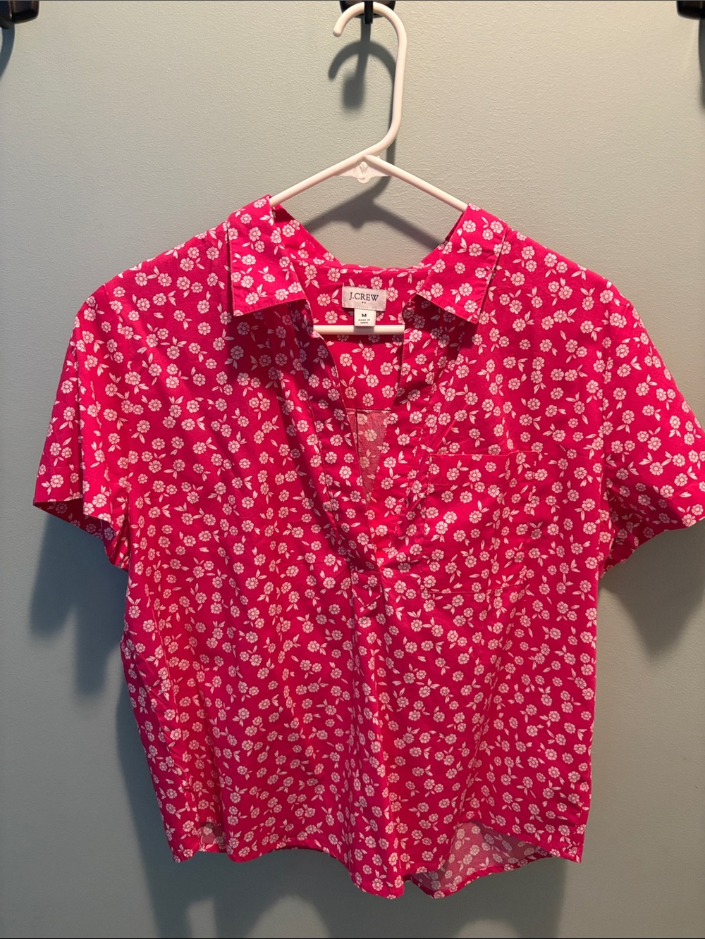 J. Crew Bright Pink Short-Sleeve Button Down with White Floral Print